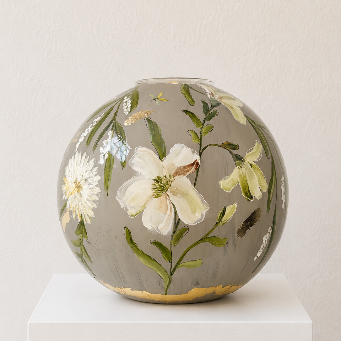 Doortje IJpelaar handgeschilderde glazen vaas LIMITED EDITION "Beige Blossom" DE BORGHT EXCLUSIVE