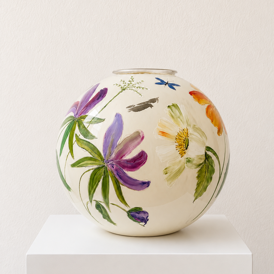 Doortje IJpelaar handgeschilderde glazen vaas LIMITED EDITION "Crème Blossom" DE BORGHT EXCLUSIVE