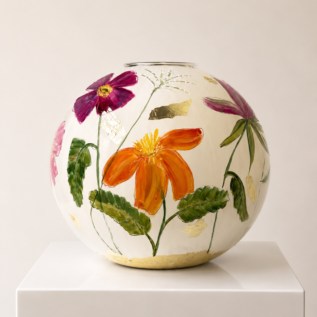 Doortje IJpelaar handgeschilderde glazen vaas LIMITED EDITION "Crème Fleur" DE BORGHT EXCLUSIVE